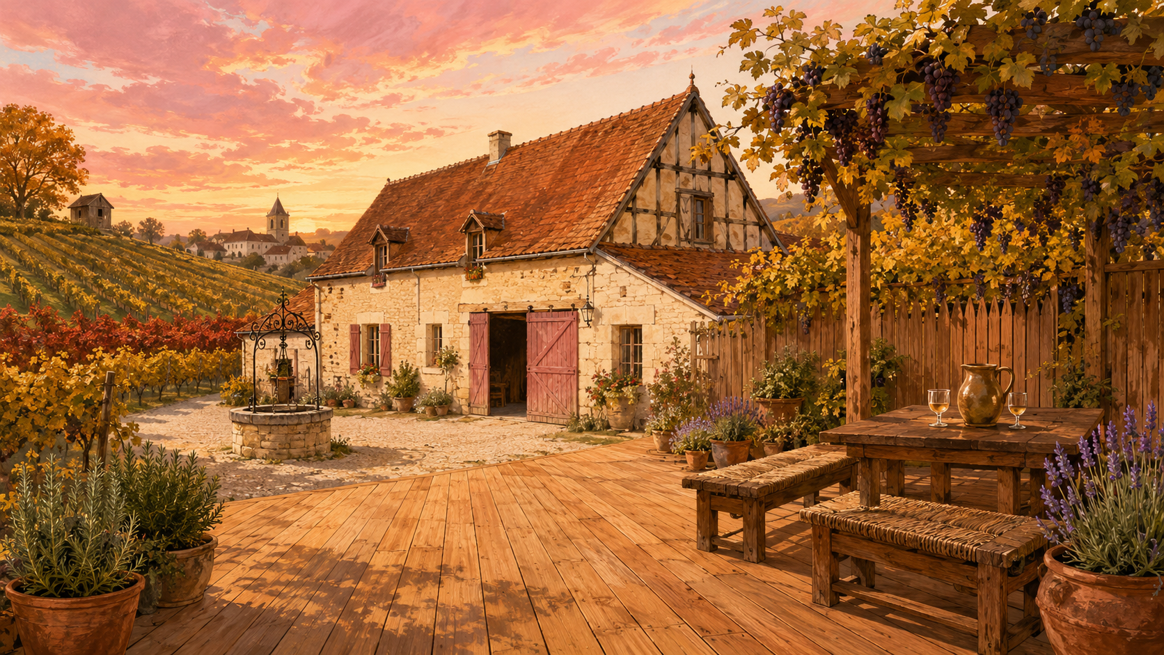 Illustration paysagère du dépôt avec terrasse en bois et clôture